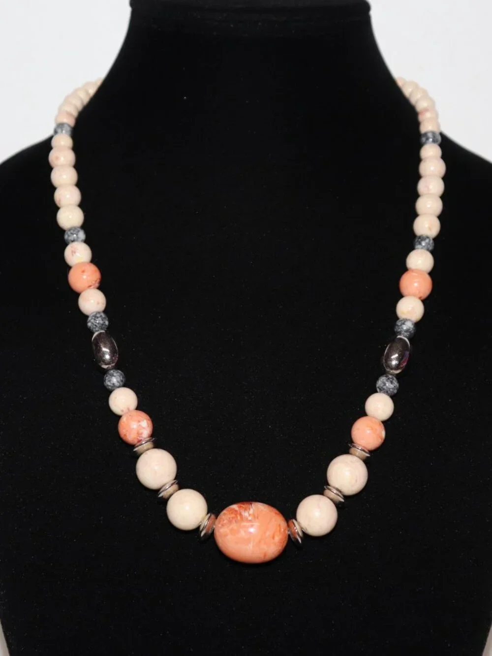 ✨ Vintage Cream, Orange & Silver Beaded Necklace • 24” • Heavy Plastic ✨